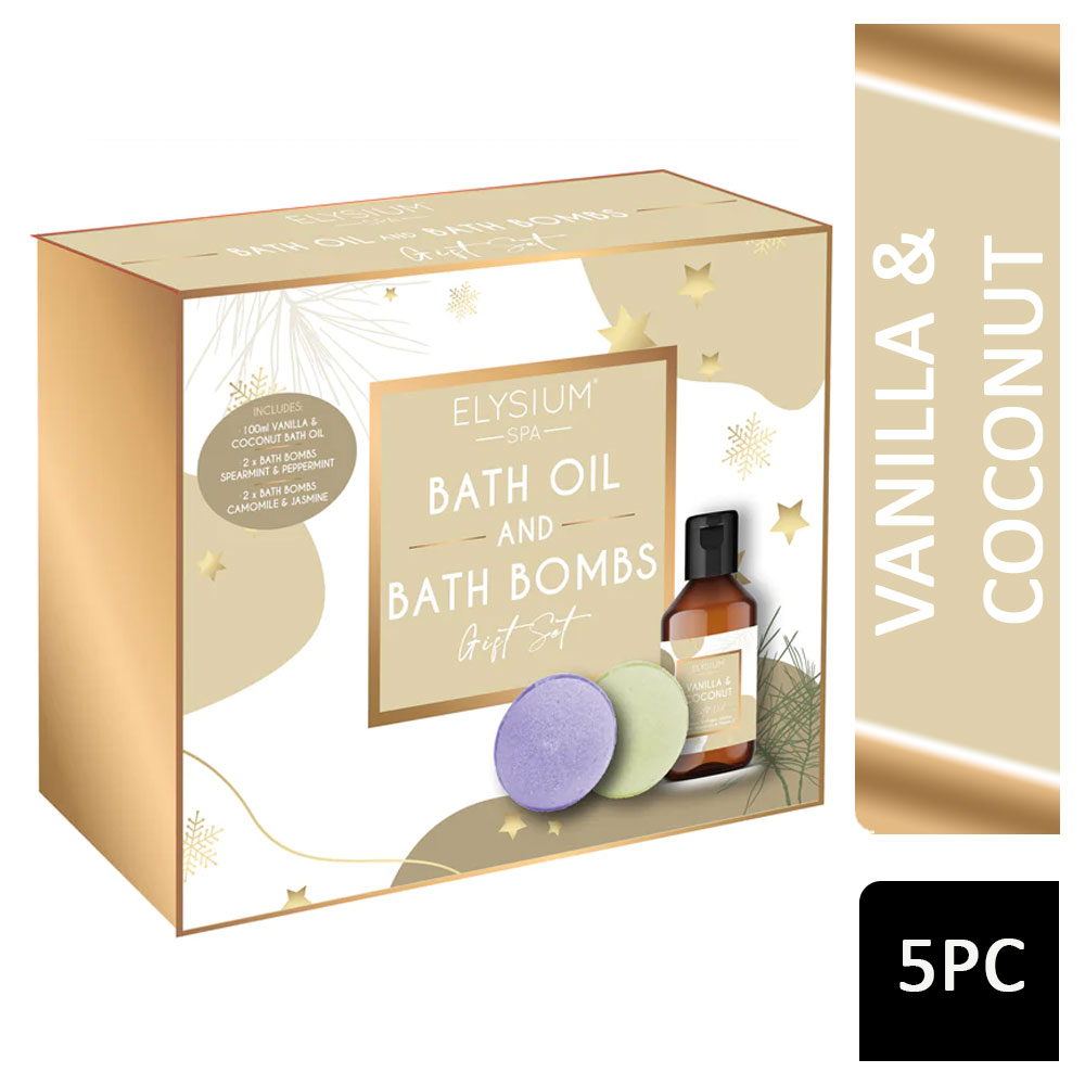 Elysium Spa Bath Oil & Bombs Gift Set Vanilla & Coconut 5pc