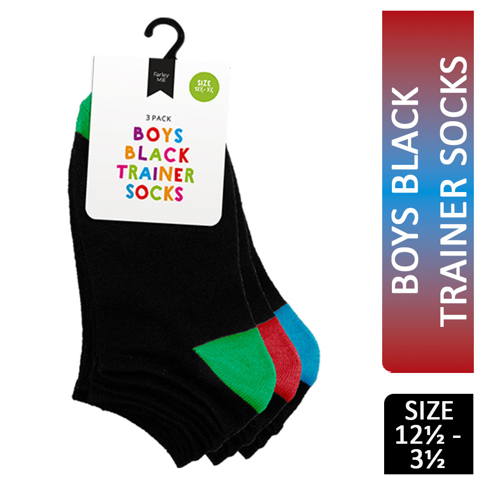 Farley Mill Boys Black Trainer Sock Size 12.5-3.5 3 Pack