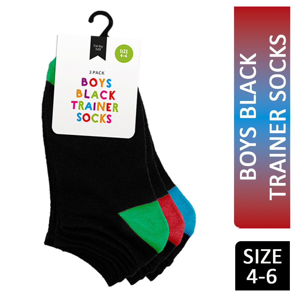 Farley Mill Boys Black Trainer Socks Size 4-6 3 Pack