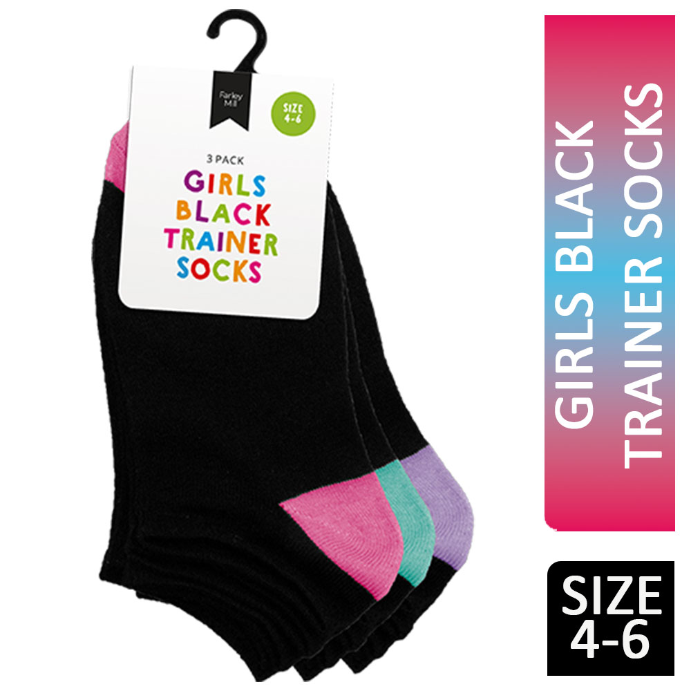 Farley Mill Girls Black Trainer Socks Type May Vary 3 Pack Size 4-6